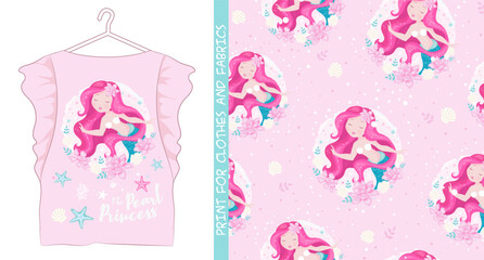 Beautiful little mermaid with pearl on pastel pink background for t-shirts or kids fashion art. Cute lmermaid.