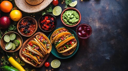 Fototapeta premium Top-down view of a vibrant Mexican celebration table featuring tacos, guacamole, cocktails, and a sombrero with space for text