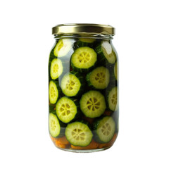 A jar filled with sliced pickled cucumbers and carrots, ready to be enjoyed.