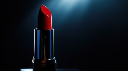 A luxurious red lipstick bullet twisted up, placed on a sleek black background with soft lighting.