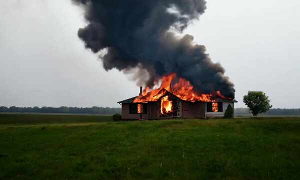 A house on fire in the middle of a field