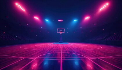 Neon-lit basketball court, vibrant colors, night game, game, bright