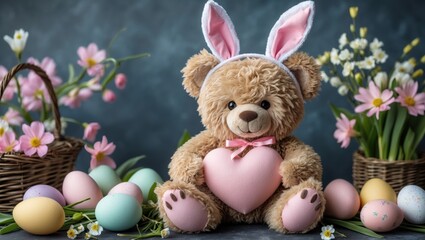 Fototapeta premium Cute teddy bear wearing bunny ears holding a heart surrounded by pastel Easter eggs and flowers
