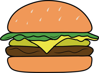 A colorful and detailed illustration of a classic cheeseburger, featuring melted cheese, fresh lettuce, and a beef patty, perfect for food-related designs, culinary presentations, or recipe content.