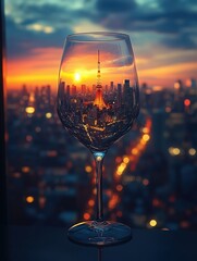 Vibrant Cityscape Inside a Wine Glass