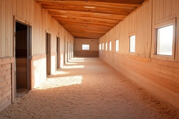 Inside an indoor horse stable with wooden walls and doors. Light floods through windows on the right.