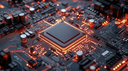 Fototapeta premium Close-up of a glowing CPU chip on a modern dark electronic circuit board. It shows technology, innovation, computing, and artificial intelligence.