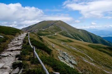 Fototapeta premium Mountain trail leads to summit. Green slopes meet cloudy sky