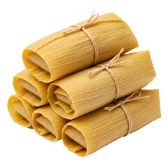 Stack of Golden Corn Husk Wrapped Tamales on Transparent Background