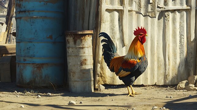 American bresse chicken breeds and ameraucana in rustic farmyard environment captured from a side view