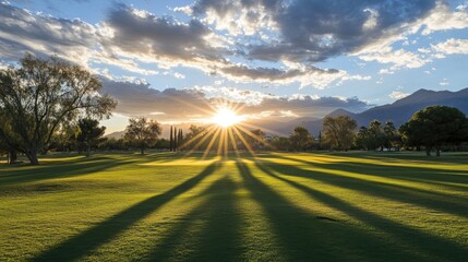 A dramatic sunset over a peaceful golf course, with long shadows stretching across the fairway.