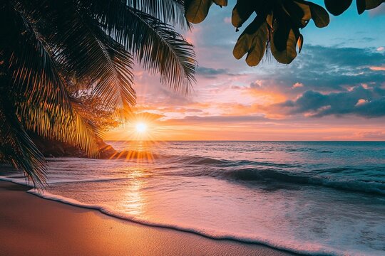 A smartphone camera taking a stunning photo of a sunset on a tropical coastline