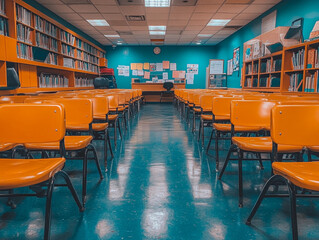 Fototapeta premium Classroom with empty orange chairs against teal wall 