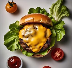 A flat lay of a delicious hamburger with crisp lettuce, fresh ingredients, and a toasted bun. The presentation highlights the texture and appetizing appeal.