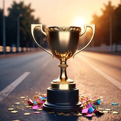 Golden Trophy on Asphalt Road with Confetti