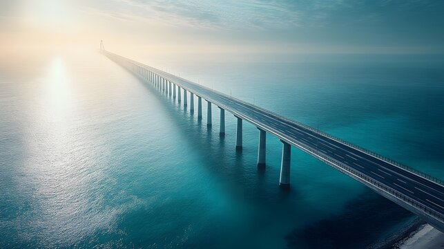 Majestic suspension bridge spans turquoise ocean waters, connecting distant shores with concrete pillars rising from the sea, illuminated by gentle sunlight under an expansive blue sky.  