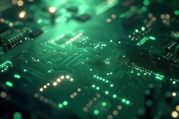 Obraz premium Close-up of a green glowing circuit board, with intricate patterns. Use for technology, innovation, data, or artificial intelligence concepts.