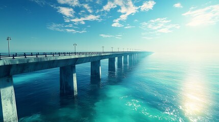Obraz premium Majestic suspension bridge spans turquoise ocean waters, connecting distant shores with concrete pillars rising from the sea, illuminated by gentle sunlight under an expansive blue sky. 