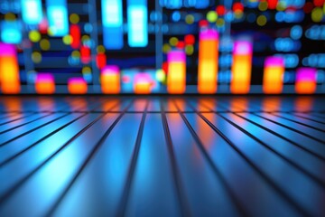 A vibrant digital display with colorful bars and glowing elements, suggesting data visualization or stock market activity on a sleek surface.