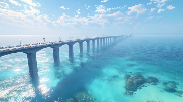 Majestic suspension bridge spans turquoise ocean waters, connecting distant shores with concrete pillars rising from the sea, illuminated by gentle sunlight under an expansive blue sky.  