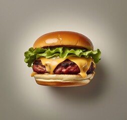 A flat lay of a delicious hamburger with crisp lettuce, fresh ingredients, and a toasted bun. The presentation highlights the texture and appetizing appeal.
