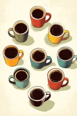 An ongoing motif showcasing hot mugs of coffee arranged in a cyclical design.