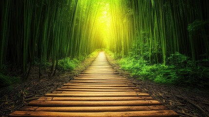 A narrow wooden pathway through a dense bamboo forest, ideal for trail running.