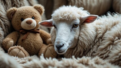 A close-up of a fluffy sheep resting beside a soft toy bear on a cozy wool blanket