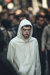 An unusual individual in a white hoodie, easily noticeable among the masses.