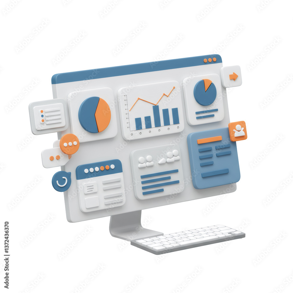 Poster 3d render of a computer screen displaying data analytics charts