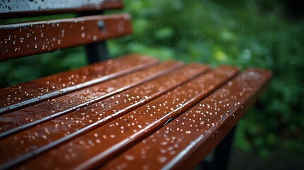 Fototapeta premium Rain-soaked mahogany park bench glistens with water droplets after rainfall, showcasing reflective moisture on varnished surface with blurred green foliage in background. 