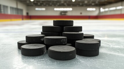 A pile of black hockey pucks neatly stacked on an ice rink, ready for practice.