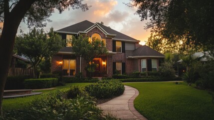 Inviting suburban home with manicured lawn and sunset glow creating warm ambiance