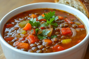 Hearty Lentil Soup with Fresh Vegetables and Herbs, Ready to Eat.