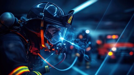 Heroic firefighter responds to emergency call urban fire scene action shot dynamic environment intense viewpoint courage and commitment