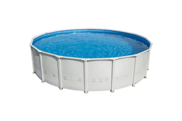 A round above-ground pool, filled with crystal-clear water under the sun. Strong white frame with reinforced supports invites cooling dips during hot, lazy days, isolated on a transparent background