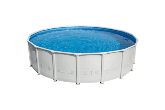 A round above-ground pool, filled with crystal-clear water under the sun. Strong white frame with reinforced supports invites cooling dips during hot, lazy days, isolated on a transparent background