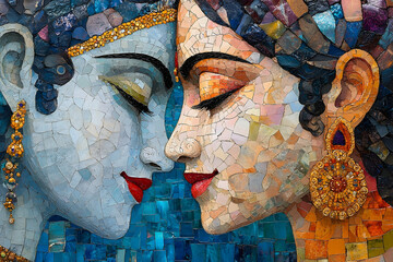 Two faces of mosaic art looking at each other closely