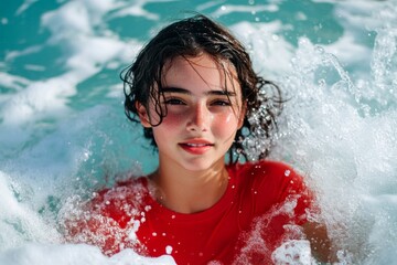 Fototapeta premium Stunning and hot happy brazilian young woman in red tight t-shirt enjoying turquoise sea, splashes around her. Bright Ñommercial style. Happy stress-free holiday getaway concept art.