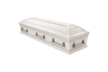 Elegant white coffin with a quilted top design and polished silver handles. Represents final rest, funeral traditions, isolated on a transparent background