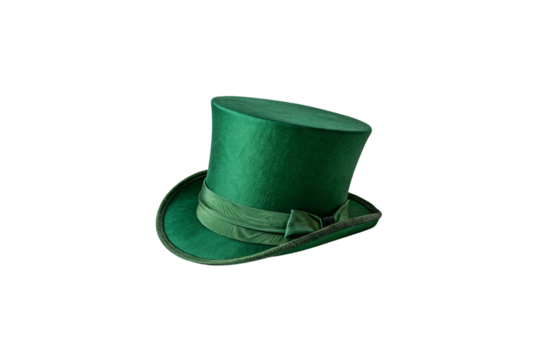Elegant dark green felt top hat with a satin band and classic shape. Slight tilt in brim gives it charm—ideal for St. Patrick’s flair, isolated on a transparent background