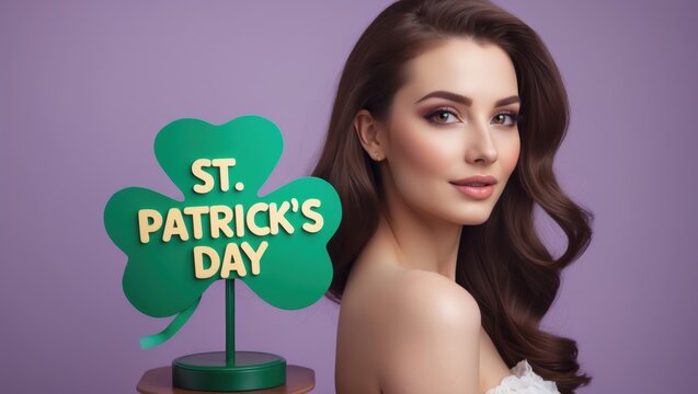 A woman with long, flowing hair poses confidently against a purple backdrop with a festive St. Patrick's Day decoration. Her expression is serene
