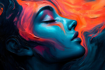 A colorful painted portrait of a woman with eyes closed