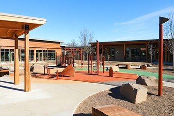 Open-air playground with modern structures, soft surfaces, and natural elements