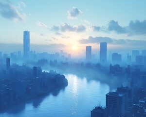 Misty City Sunrise Skyline