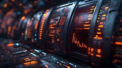 Futuristic control panel displaying data and glowing orange computer readouts