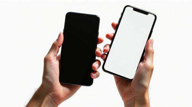 Two hands presenting smartphone screens&mdash;one dark, one blank white&mdash;against a plain backdrop.