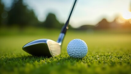 Close-up of a golf club and ball resting on vibrant green grass, bathed in golden light.