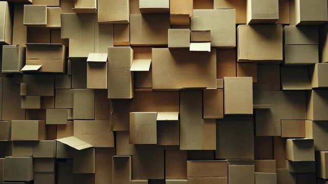 Cardboard boxes stacked in a random pattern creating an abstract texture in a warehouse setting