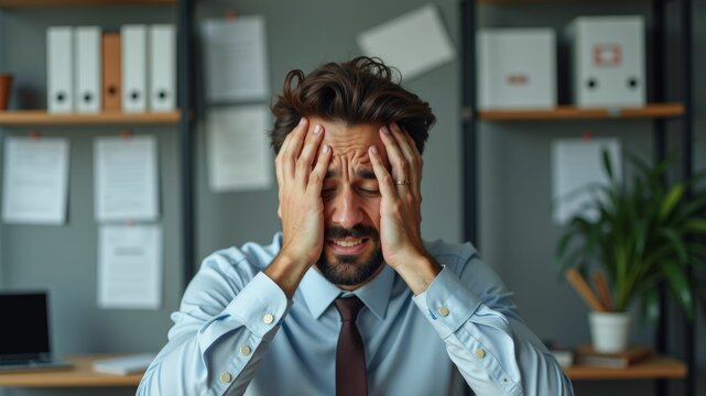 Frustrated Businessman in Office Grips Head, Showing Intense Stress and being overwhelmed. Work life balance.